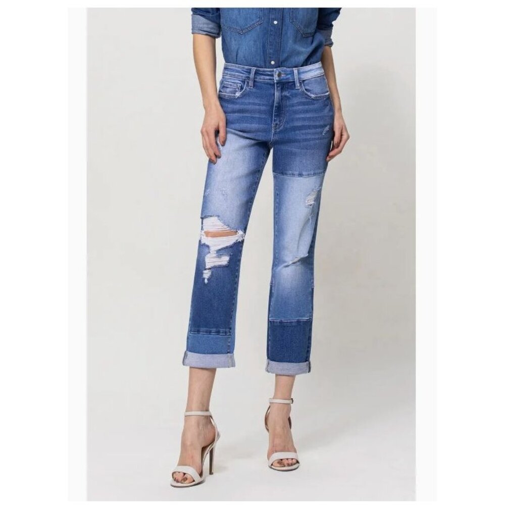 Flying Monkey High-Rise Color Block Patch Cuffed Jeans in Diligent - Sz 26 - NWT